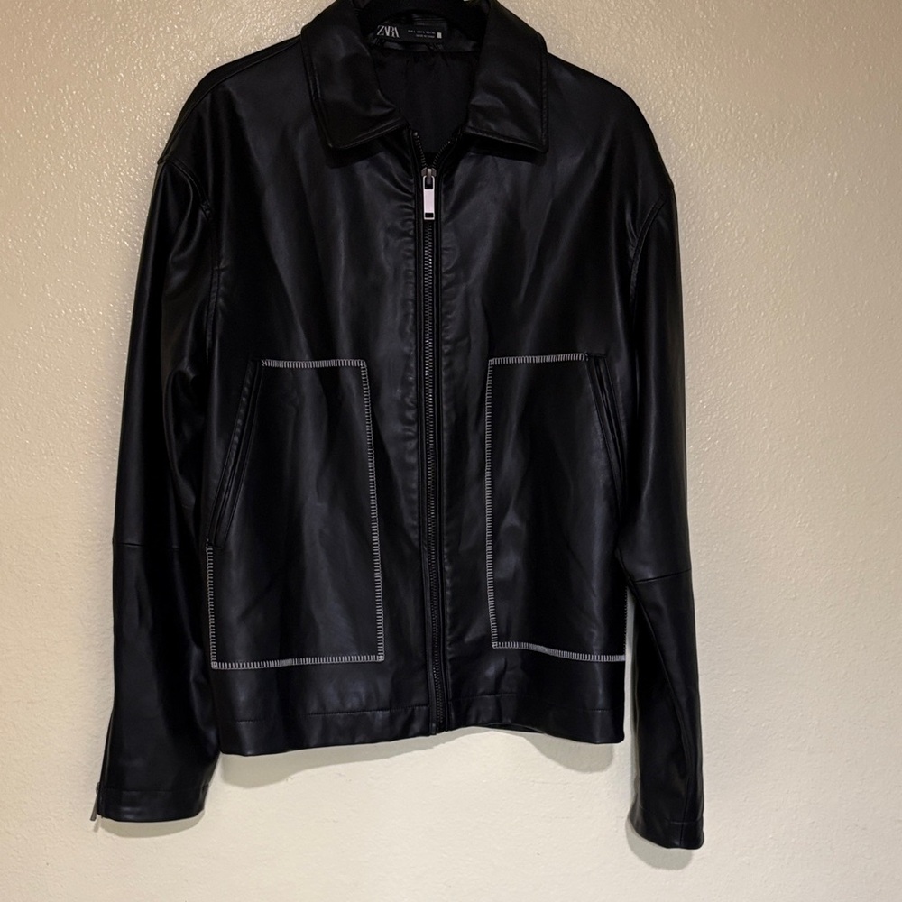 Zara Black Faux Leather Bomber Jacket with Contrast Stitching